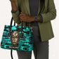 Chinua Achebe Leather Bag with Tribal Mask Design, Things Fall Apart Quote and Teal Abstract - African Pride