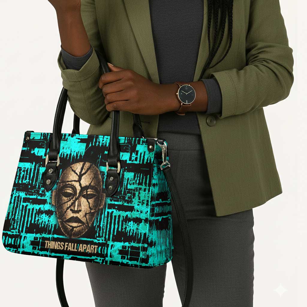 Chinua Achebe Leather Bag with Tribal Mask Design, Things Fall Apart Quote and Teal Abstract - African Pride