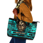 Chinua Achebe Leather Tote Bag with Tribal Mask Design, Things Fall Apart Quote and Teal Abstract - African Pride
