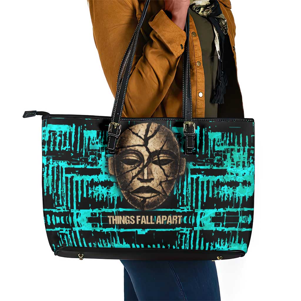 Chinua Achebe Leather Tote Bag with Tribal Mask Design, Things Fall Apart Quote and Teal Abstract - African Pride