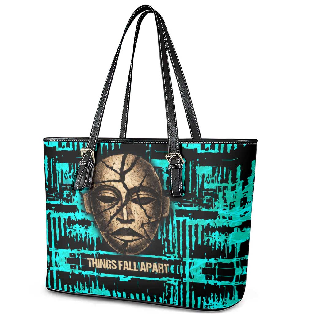 Chinua Achebe Leather Tote Bag with Tribal Mask Design, Things Fall Apart Quote and Teal Abstract - African Pride
