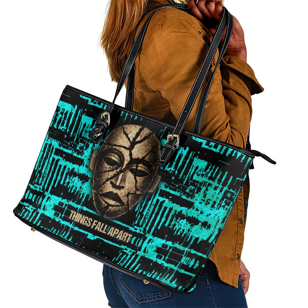 Chinua Achebe Leather Tote Bag with Tribal Mask Design, Things Fall Apart Quote and Teal Abstract - African Pride