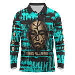Chinua Achebe Long Sleeve Polo Shirt with Tribal Mask Design, Things Fall Apart Quote and Teal Abstract - African Pride