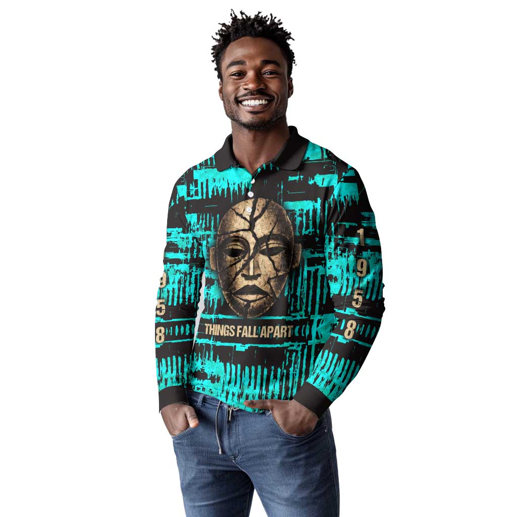 Chinua Achebe Long Sleeve Polo Shirt with Tribal Mask Design, Things Fall Apart Quote and Teal Abstract - African Pride