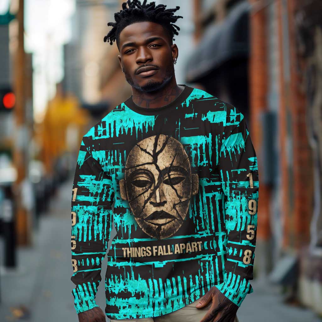 Chinua Achebe Long Sleeve Shirt with Tribal Mask Design, Things Fall Apart Quote and Teal Abstract - African Pride