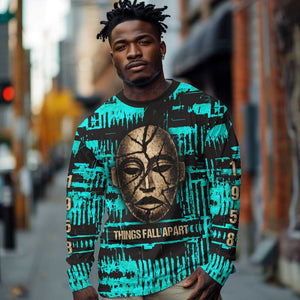 Chinua Achebe Long Sleeve Shirt with Tribal Mask Design, Things Fall Apart Quote and Teal Abstract - African Pride