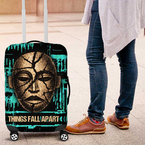 Chinua Achebe Luggage Cover with Tribal Mask Design, Things Fall Apart Quote and Teal Abstract - African Pride