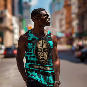 Chinua Achebe Men Tank Top with Tribal Mask Design, Things Fall Apart Quote and Teal Abstract - African Pride
