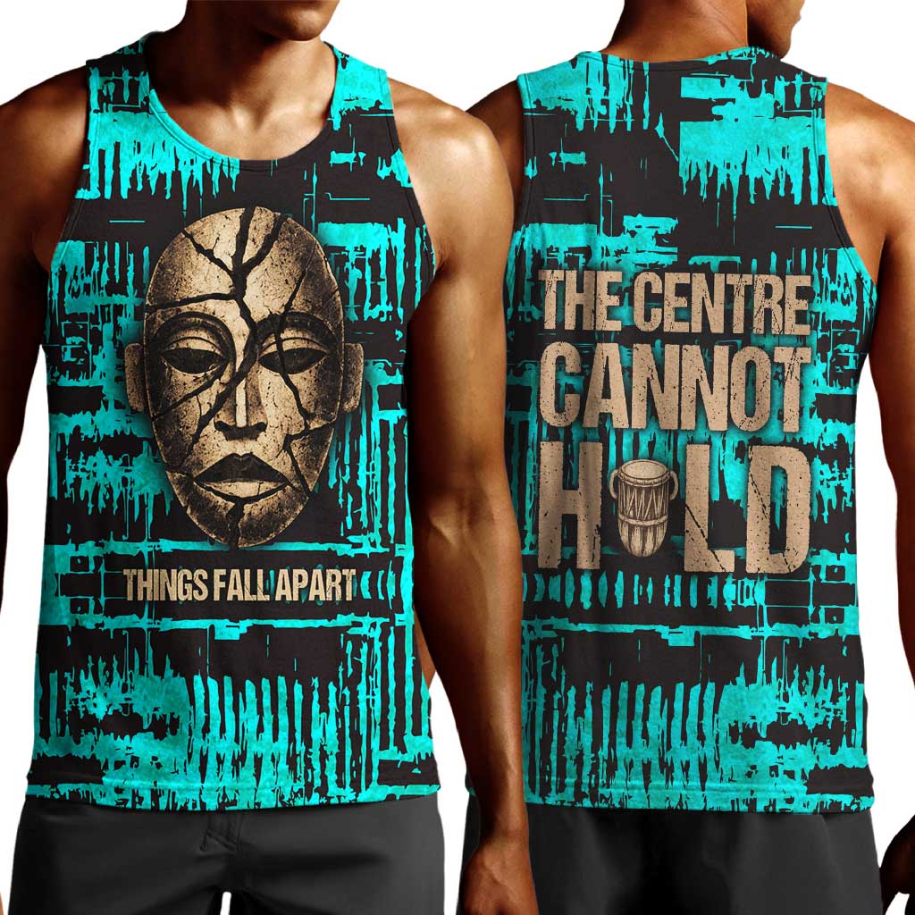 Chinua Achebe Men Tank Top with Tribal Mask Design, Things Fall Apart Quote and Teal Abstract - African Pride