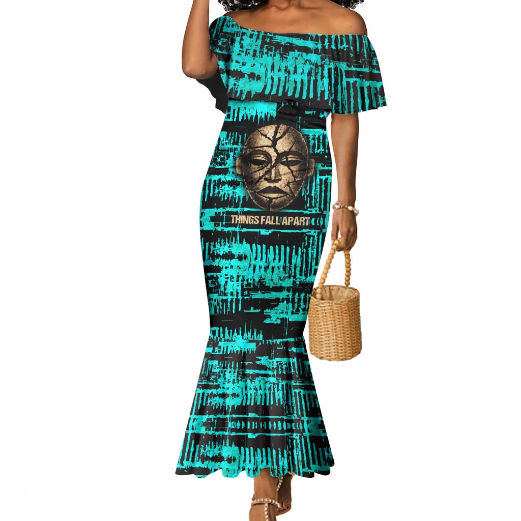Chinua Achebe Mermaid Dress with Tribal Mask Design, Things Fall Apart Quote and Teal Abstract - African Pride