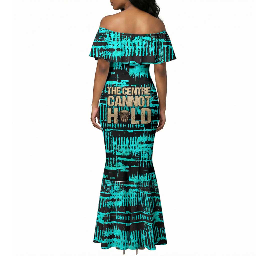 Chinua Achebe Mermaid Dress with Tribal Mask Design, Things Fall Apart Quote and Teal Abstract - African Pride