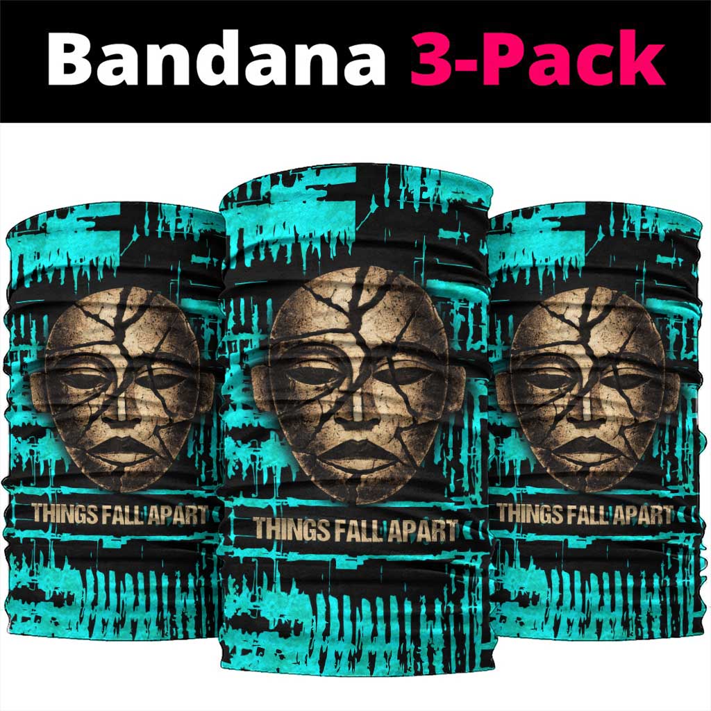 Chinua Achebe Neck Gaiter with Tribal Mask Design, Things Fall Apart Quote and Teal Abstract - African Pride