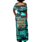 Chinua Achebe Off Shoulder Maxi Dress with Tribal Mask Design, Things Fall Apart Quote and Teal Abstract - African Pride