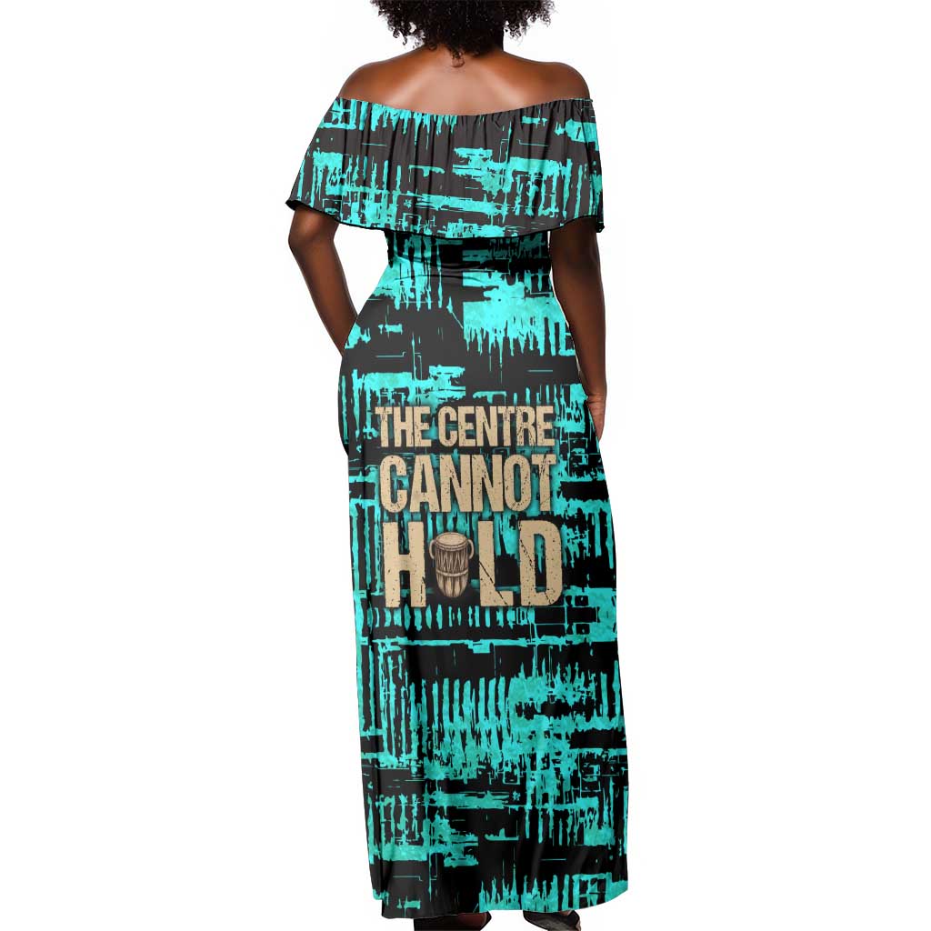 Chinua Achebe Off Shoulder Maxi Dress with Tribal Mask Design, Things Fall Apart Quote and Teal Abstract - African Pride