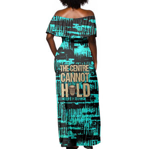 Chinua Achebe Off Shoulder Maxi Dress with Tribal Mask Design, Things Fall Apart Quote and Teal Abstract - African Pride