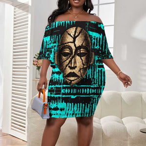 Chinua Achebe Off Shoulder Short Dress with Tribal Mask Design, Things Fall Apart Quote and Teal Abstract - African Pride