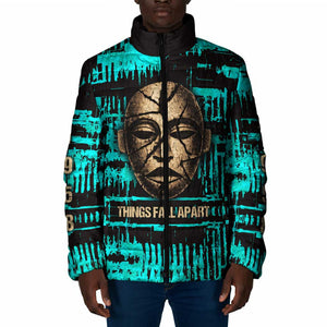 Chinua Achebe Padded Jacket with Tribal Mask Design, Things Fall Apart Quote and Teal Abstract - African Pride