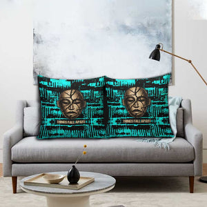 Chinua Achebe Pillow Cover with Tribal Mask Design, Things Fall Apart Quote and Teal Abstract - African Pride