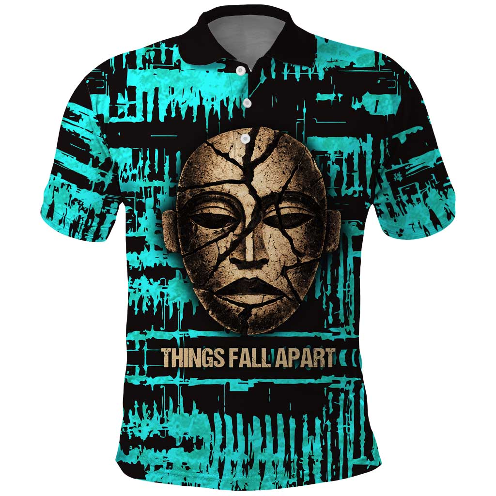 Chinua Achebe Polo Shirt with Tribal Mask Design, Things Fall Apart Quote and Teal Abstract - African Pride