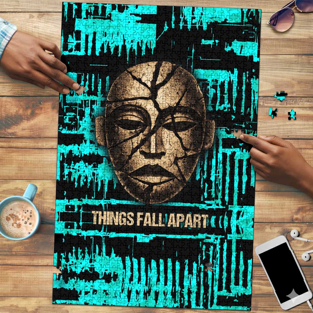 Chinua Achebe Puzzle with Tribal Mask Design, Things Fall Apart Quote and Teal Abstract - African Pride