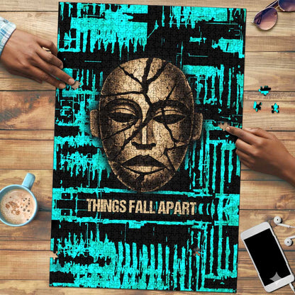 Chinua Achebe Puzzle with Tribal Mask Design, Things Fall Apart Quote and Teal Abstract - African Pride