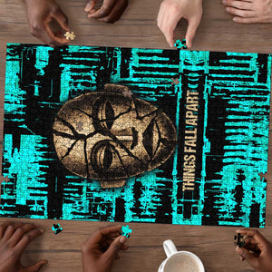 Chinua Achebe Puzzle with Tribal Mask Design, Things Fall Apart Quote and Teal Abstract - African Pride