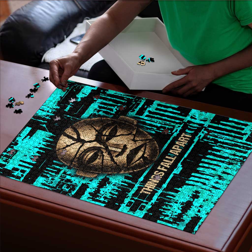 Chinua Achebe Puzzle with Tribal Mask Design, Things Fall Apart Quote and Teal Abstract - African Pride