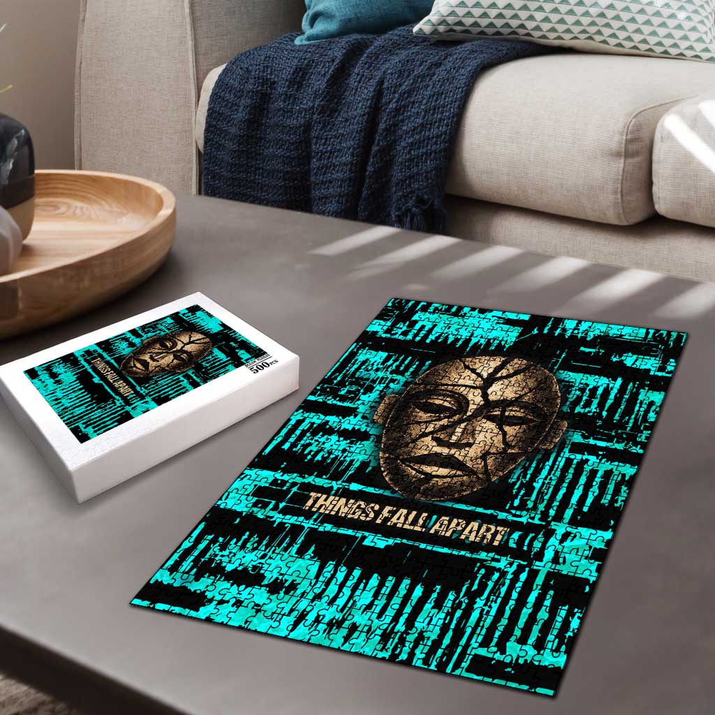 Chinua Achebe Puzzle with Tribal Mask Design, Things Fall Apart Quote and Teal Abstract - African Pride