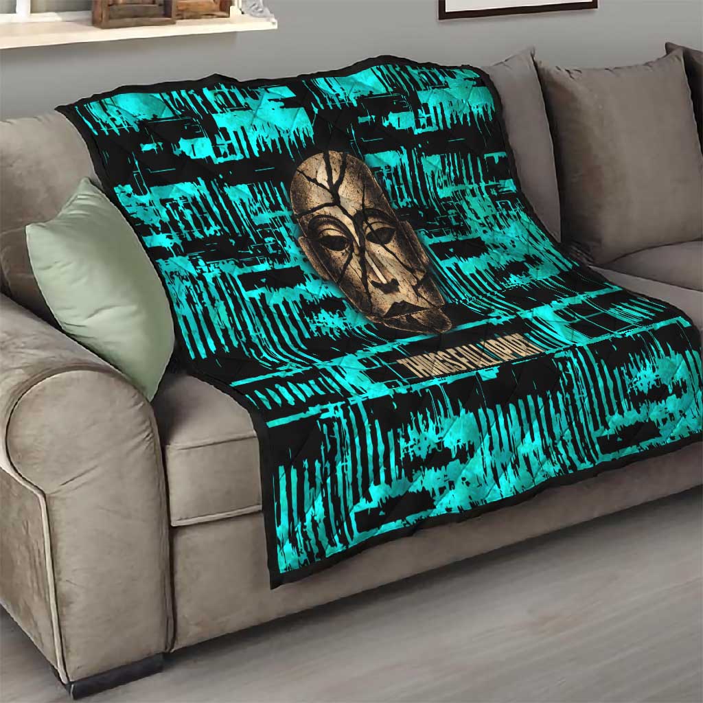 Chinua Achebe Quilt with Tribal Mask Design, Things Fall Apart Quote and Teal Abstract - African Pride