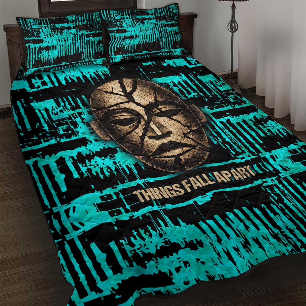 Chinua Achebe Quilt Bed Set with Tribal Mask Design, Things Fall Apart Quote and Teal Abstract - African Pride
