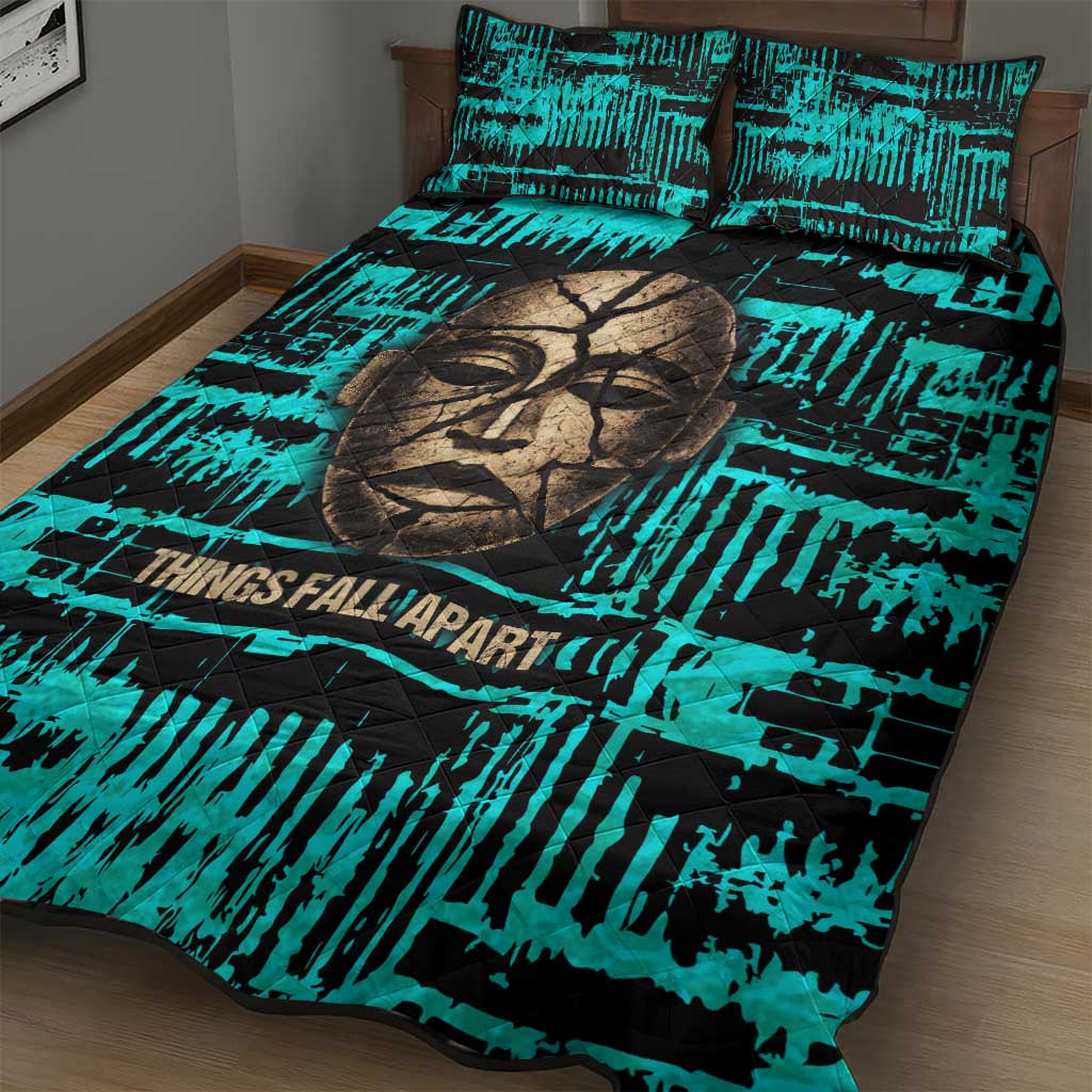 Chinua Achebe Quilt Bed Set with Tribal Mask Design, Things Fall Apart Quote and Teal Abstract - African Pride