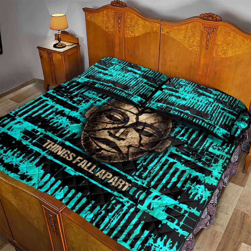 Chinua Achebe Quilt Bed Set with Tribal Mask Design, Things Fall Apart Quote and Teal Abstract - African Pride