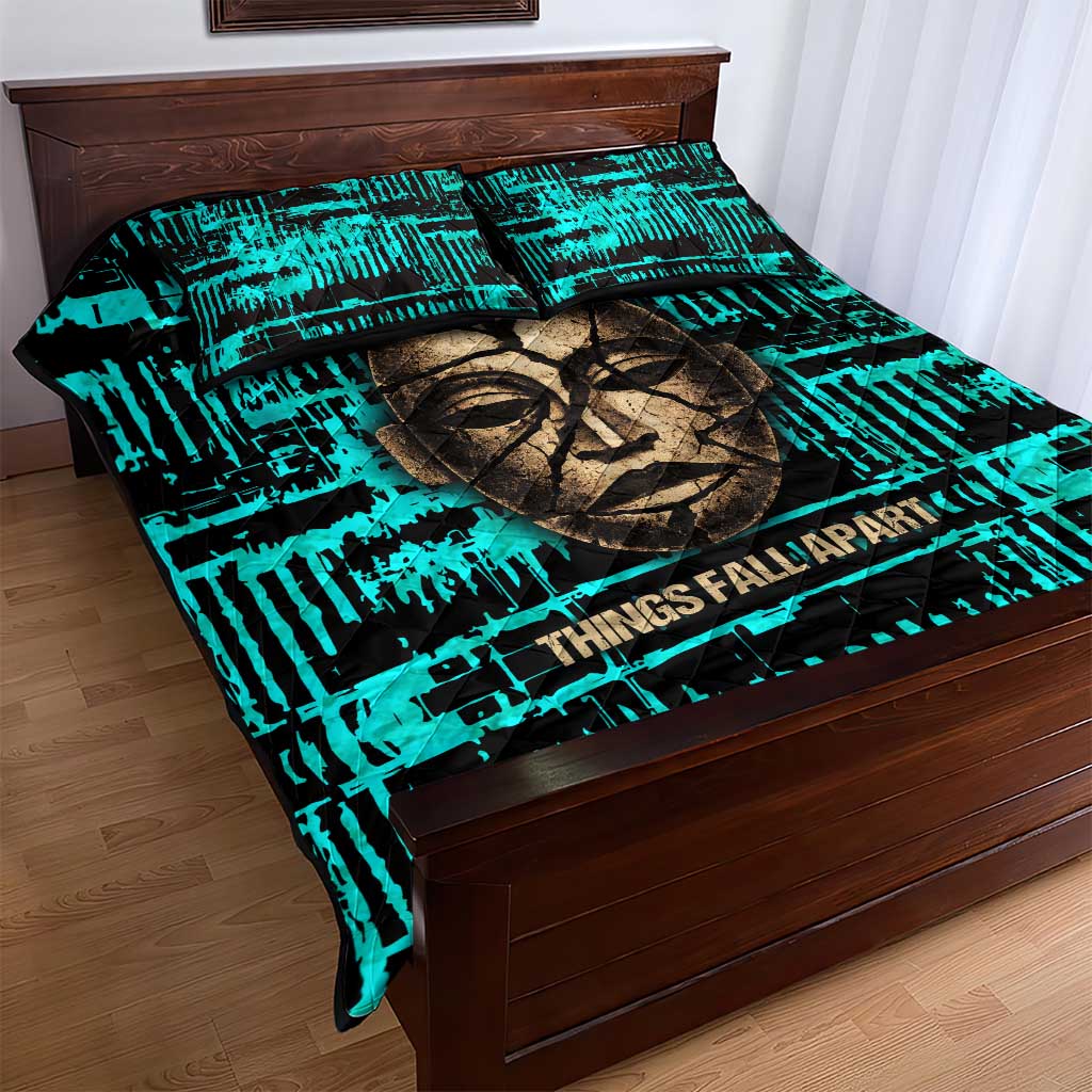 Chinua Achebe Quilt Bed Set with Tribal Mask Design, Things Fall Apart Quote and Teal Abstract - African Pride