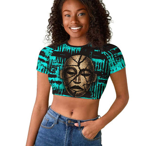 Chinua Achebe Raglan Cropped T shirt with Tribal Mask Design, Things Fall Apart Quote and Teal Abstract - African Pride