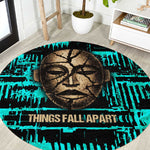 Chinua Achebe Round Carpet with Tribal Mask Design, Things Fall Apart Quote and Teal Abstract - African Pride
