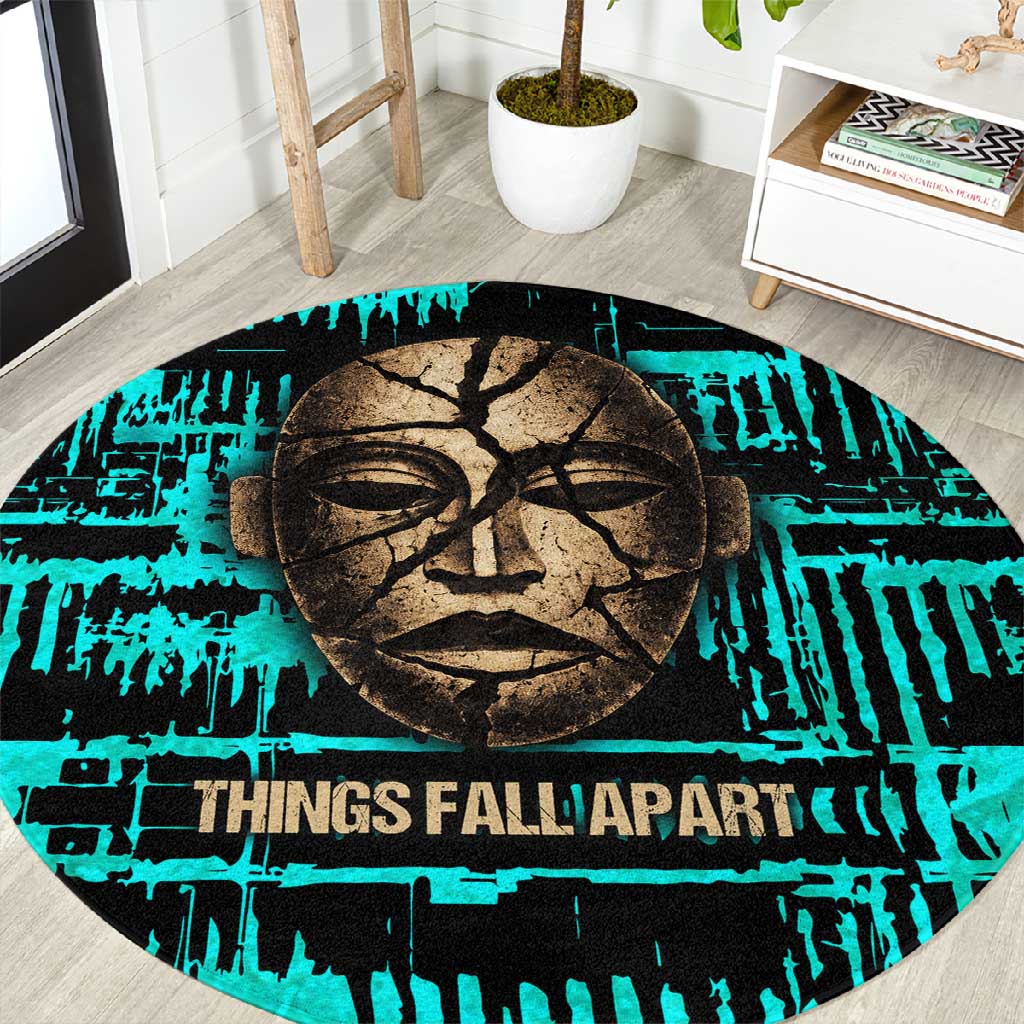Chinua Achebe Round Carpet with Tribal Mask Design, Things Fall Apart Quote and Teal Abstract - African Pride