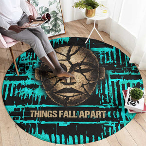 Chinua Achebe Round Carpet with Tribal Mask Design, Things Fall Apart Quote and Teal Abstract - African Pride