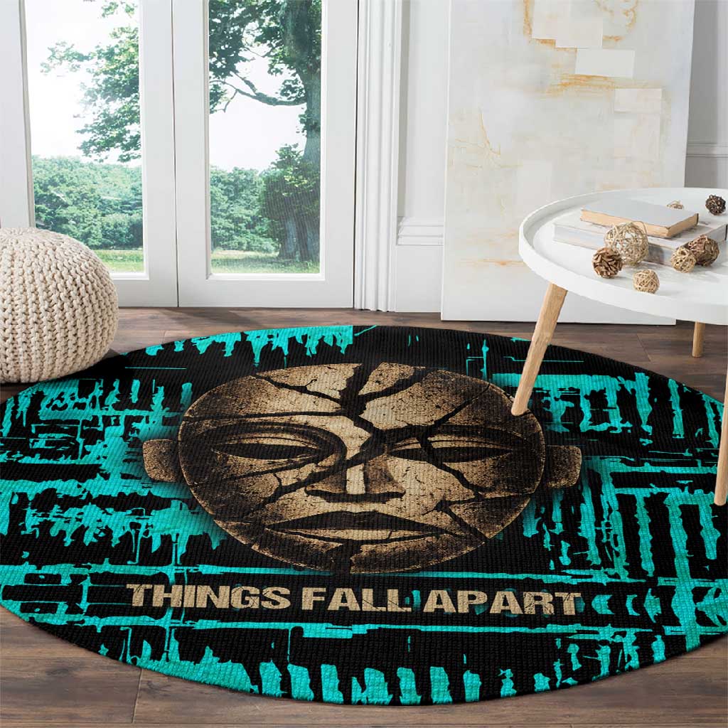 Chinua Achebe Round Carpet with Tribal Mask Design, Things Fall Apart Quote and Teal Abstract - African Pride