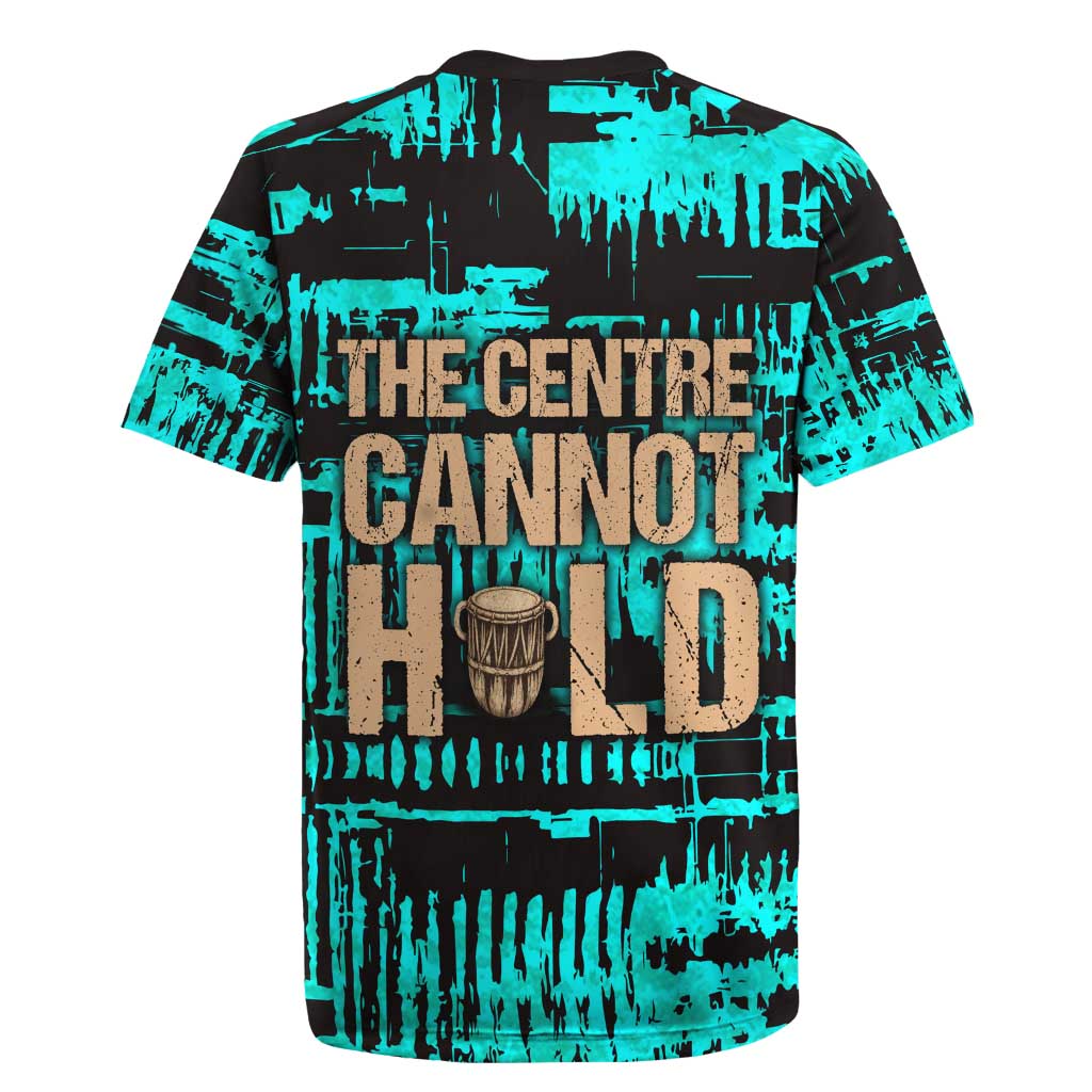 Chinua Achebe Rugby Jersey with Tribal Mask Design, Things Fall Apart Quote and Teal Abstract - African Pride