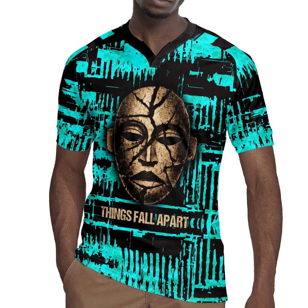 Chinua Achebe Rugby Jersey with Tribal Mask Design, Things Fall Apart Quote and Teal Abstract - African Pride