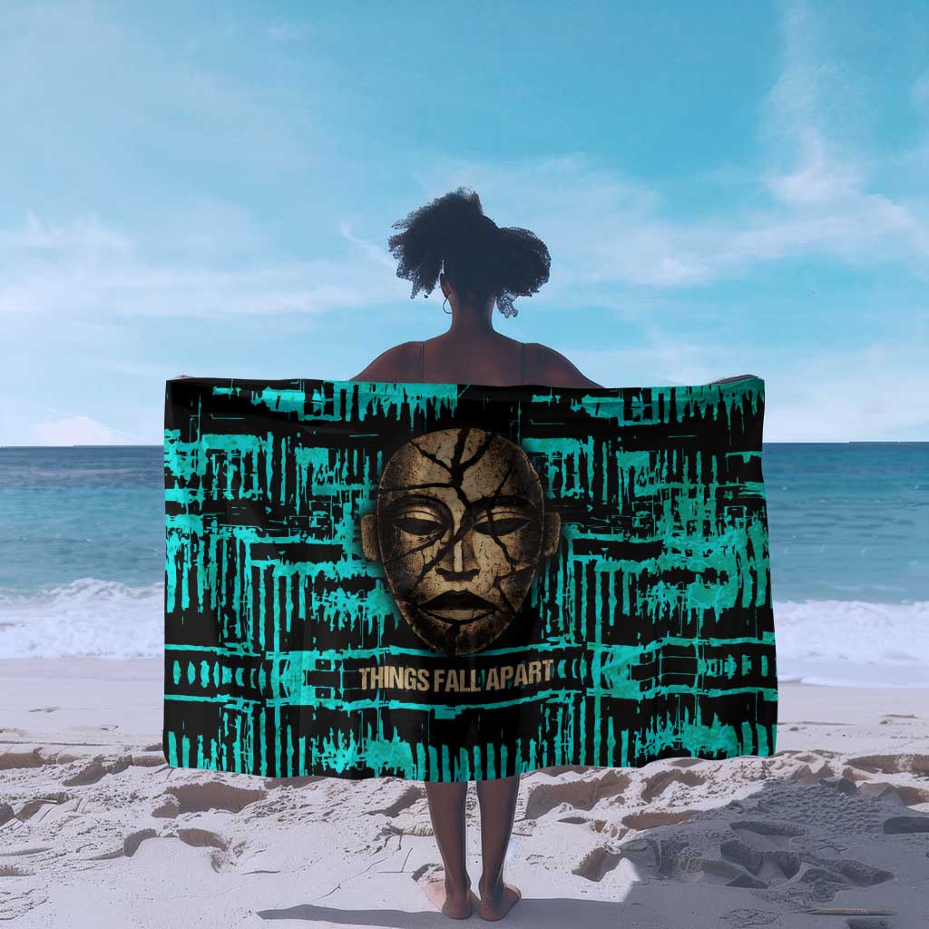 Chinua Achebe Sarong with Tribal Mask Design, Things Fall Apart Quote and Teal Abstract - African Pride