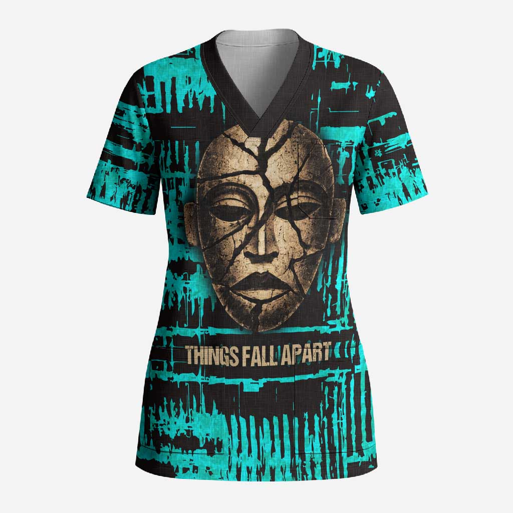 Chinua Achebe Scrub Top with Tribal Mask Design, Things Fall Apart Quote and Teal Abstract - African Pride