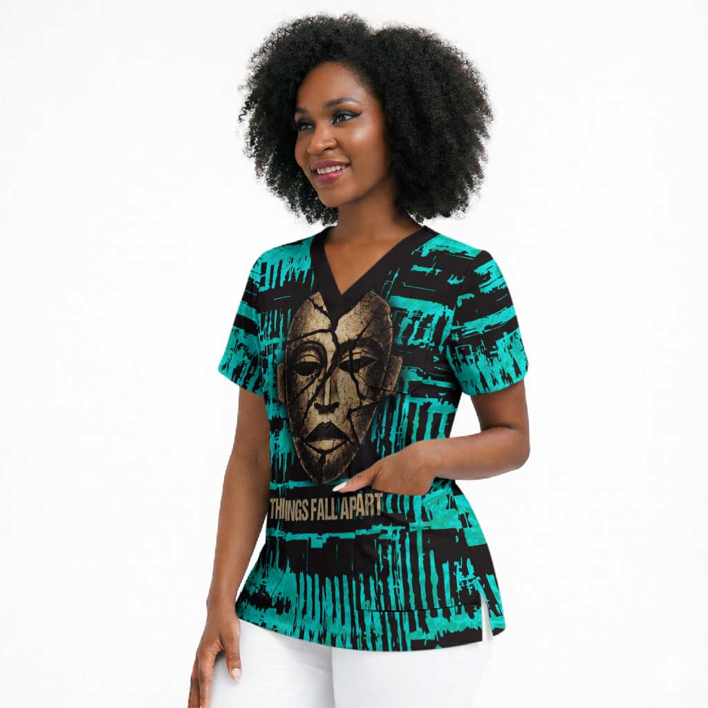 Chinua Achebe Scrub Top with Tribal Mask Design, Things Fall Apart Quote and Teal Abstract - African Pride