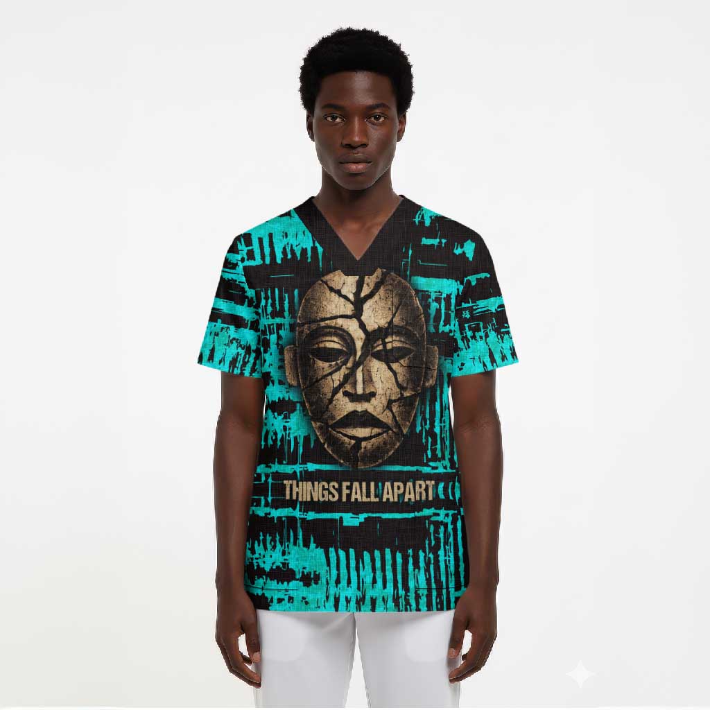 Chinua Achebe Scrub Top with Tribal Mask Design, Things Fall Apart Quote and Teal Abstract - African Pride