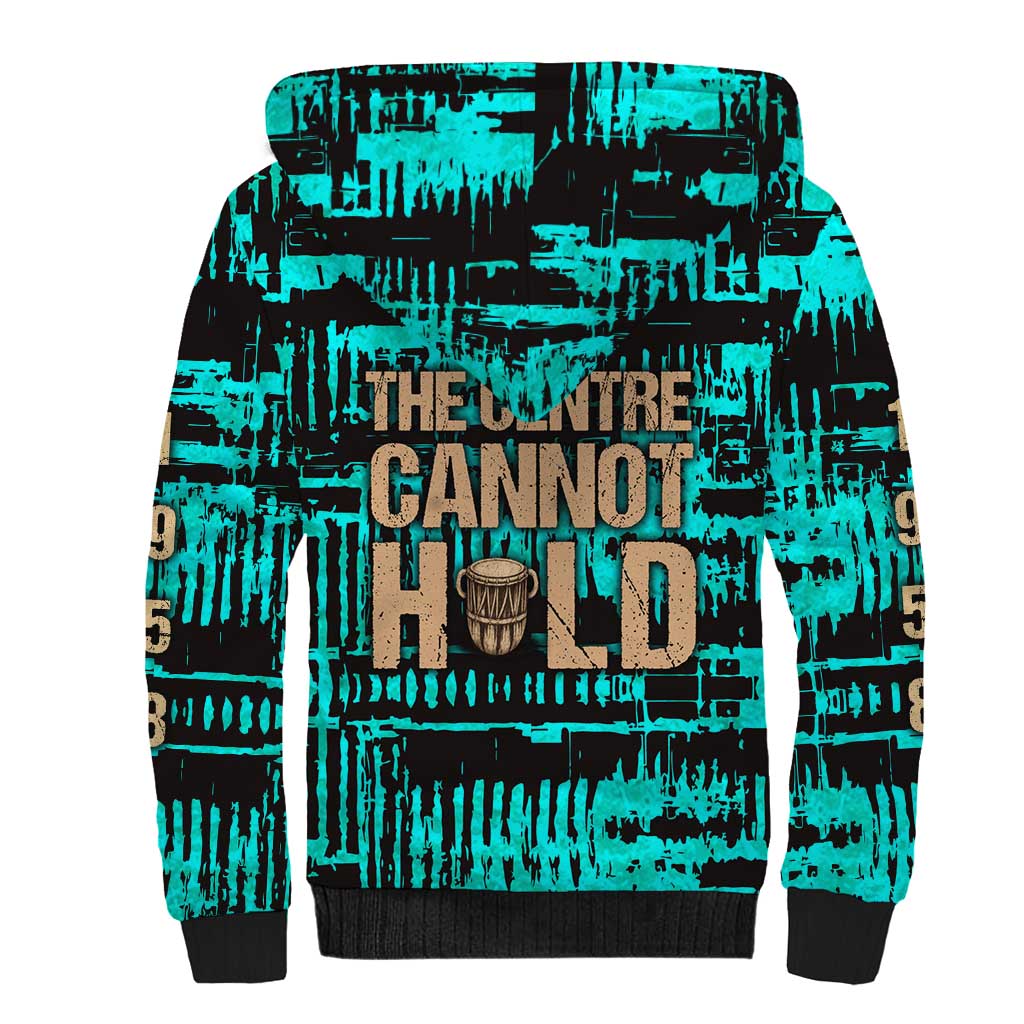Chinua Achebe Sherpa Hoodie with Tribal Mask Design, Things Fall Apart Quote and Teal Abstract - African Pride