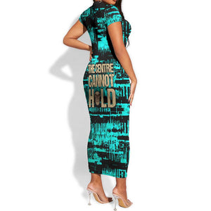 Chinua Achebe Short Sleeve Bodycon Dress with Tribal Mask Design, Things Fall Apart Quote and Teal Abstract - African Pride