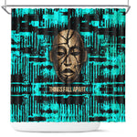 Chinua Achebe Shower Curtain with Tribal Mask Design, Things Fall Apart Quote and Teal Abstract - African Pride