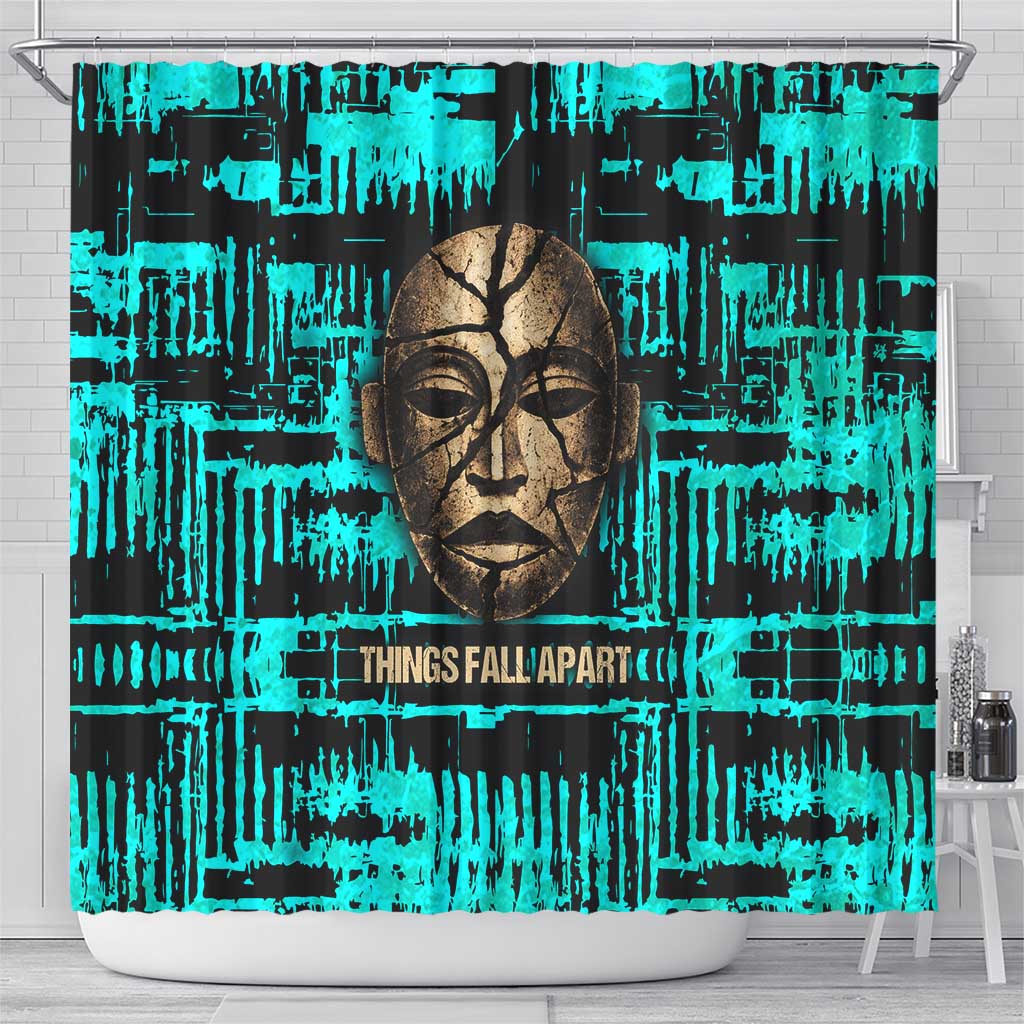 Chinua Achebe Shower Curtain with Tribal Mask Design, Things Fall Apart Quote and Teal Abstract - African Pride