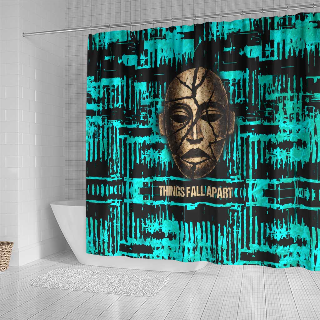 Chinua Achebe Shower Curtain with Tribal Mask Design, Things Fall Apart Quote and Teal Abstract - African Pride