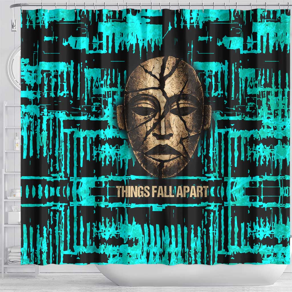 Chinua Achebe Shower Curtain with Tribal Mask Design, Things Fall Apart Quote and Teal Abstract - African Pride
